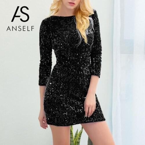 Women Sequin Dress Glitter Clubwear Bodycon Dress O Neck 3/4 Sleeve Plunge Back Party Evening Mini Party Dresses female vestidos