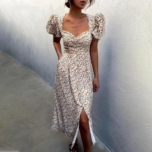 Summer Women Puff Short Sleeve Dress 2021 Elegant Retro Floral Print V Neck Slim Sexy Slit Party Vacation Midi Fashion Dress
