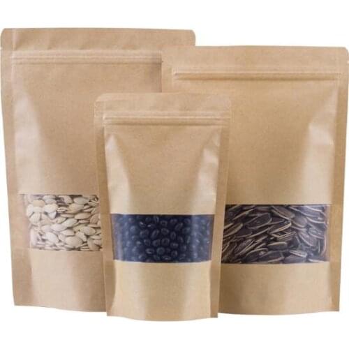 100Pcs/Lot Brown Stand Up Kraft Paper Zip Lock Bags With Matte Clear Window Reclosable Pouches Zipper Packaging Candy Chocolate