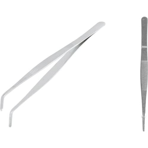 2PCS Silver Tone Angled Slanted Tip Metal Curved Tweezer with Nonslip Striped Straight Stainless Steel Tweezers Forceps