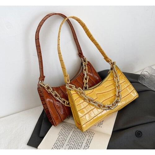 2021 New Arrival PU Elegant Casual Solid Color Crocodile Pattern Shoulder Underarm Baguette Bag With Chain For Women