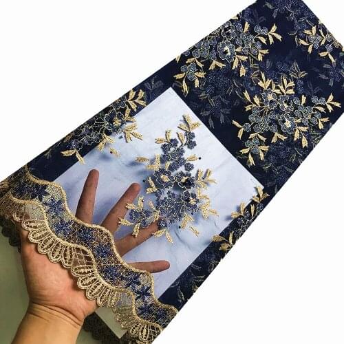 5 Yards African Clothing Dark Blue Rhinestone&Beaded Swiss Voile Lace Fabric Latest Gold Thread Beautiful Design KRL-28752