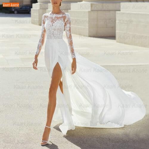 Boho White Wedding Gowns 2021 A Line robe de mariée Long Sleeves Lace Appliqued Bride Dresses Backless Chiffon vestido de noiva