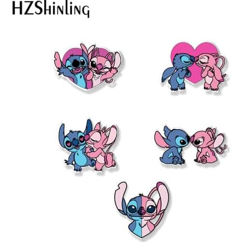2021 New Arrival Kawaii Stitch and Angel Couple Handcraft Lovely Stitch Loves Angel Acrylic Epoxy Brooch Badge Pin