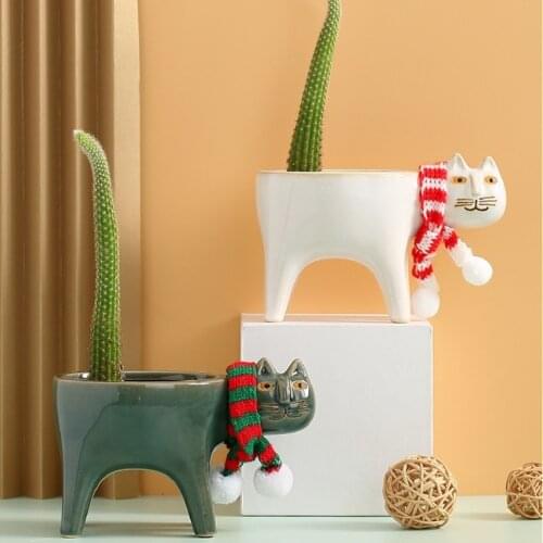 1Pc Cartoon Cat Flower Pots With Scarf Cute Cactus Plant Bonsai Planter Office Desktop Succulent Flowerpot Decorative Ornaments