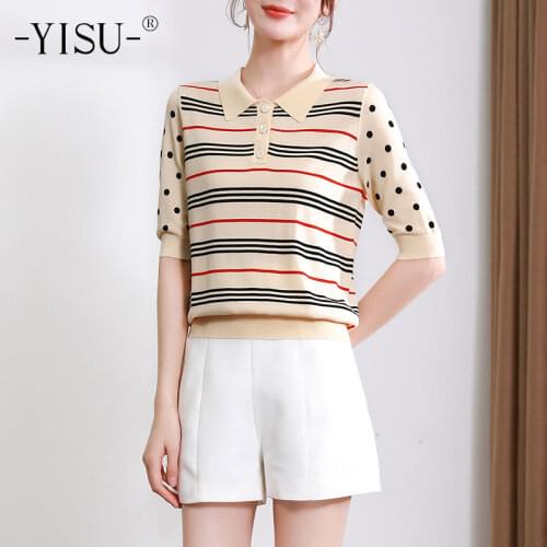 YISU Summer Womens sweaters Summer tops Lapel Short sleeve Jumper Sweater 2021 New Thin Stripe Casual Knitted Pullover