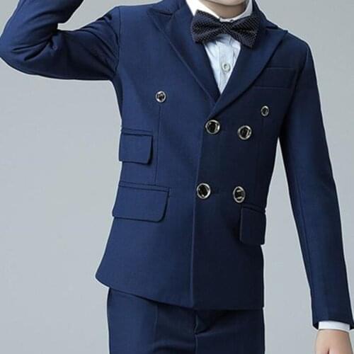 Fashion Tailor Made Double Breasted Dark Blue Boy Suits Handsome Slim Fit Groomsmen Tuxedo For Wedding Dinner Party Kid Clothing