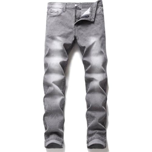 Mens Jeans Pants For Men Slim Fit Gray Stretch Print Patterns Casual Denim Jeans Mens Trousers Fashion 2021 Spring New Arrivals