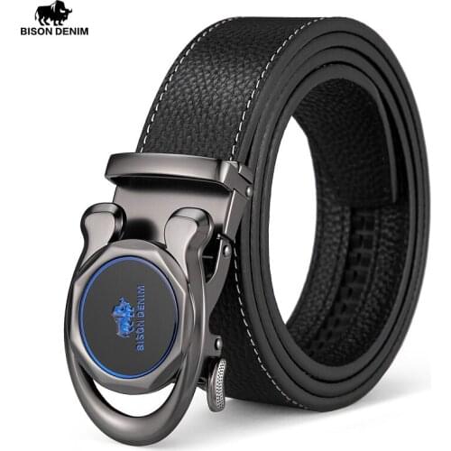 BISON DENIM Genuine Leather Mens Belt Automaict Buckle Black Luxury Strap Cow Leather Business casual Belt for Men 3.5cm Width