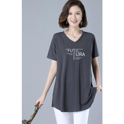 New Women T-shirt Summer 2021 Casual V-Neck Short Sleeve Lettter Print Mid-Length Loose T-shirt Elastic Tees Tops Plus Size