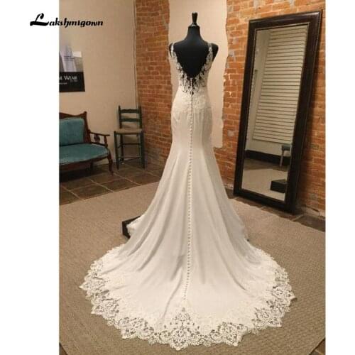 Chic Ivory Satin V-Neck Spaghetti Straps Bridal Gowns Floor-Length Mermaid/Trumpet Wedding Dresses Chapel Train Vestido