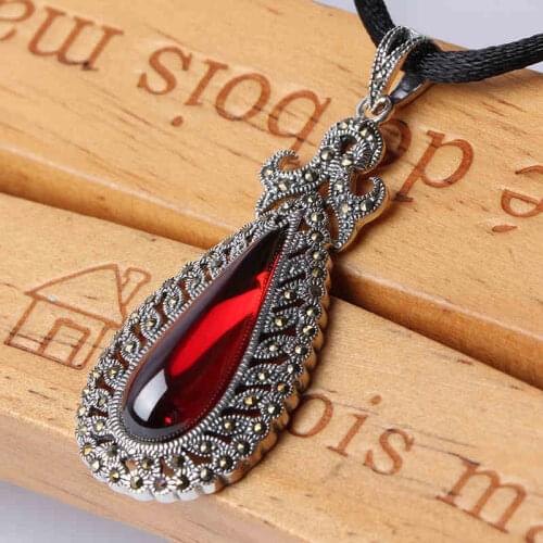 ZHJIASHUN Vintage 100% 925 Sterling Silver Natural Garnet Big Pendant Necklace Retro Red Gemstones Pendants Jewelry For Women