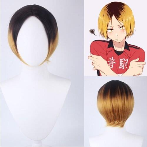 High Quality Anime Haikyuu!! Kenma Kozume Cosplay Wig Short Black Yellow Gradient Synthetic Hair Cosplay Costume Wigs + Wig Cap