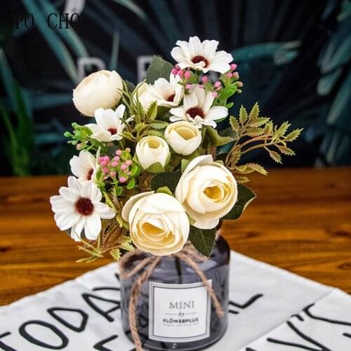 YO CHO Artificial Flowers 12 Heads Silk Roses Peonies White Pink Small Roses Wedding Bouquet Fake Flowers Home Party Decoration