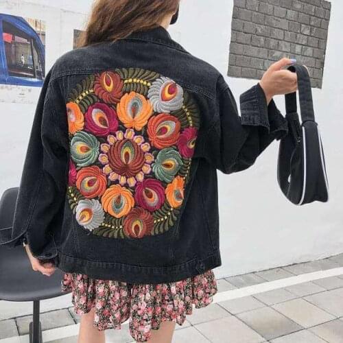 Autumn New Loose Casual Jacket Embroidered Flowers Vintage Single-Breasted Long Sleeve Fashion Women Black Denim Jacket