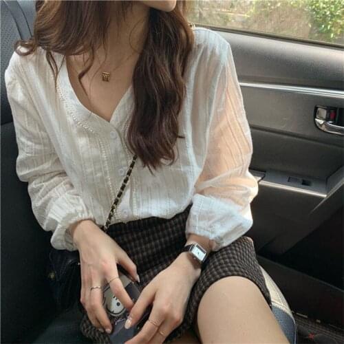 Womens Spring Autumn Style Blouse Shirt Womens V-Neck Button Solid Color Long Sleeve Casual Loose Sweet Tops SP866