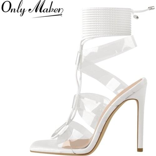 Onlymaker 2021 Fashion Lace Up Square Open Toe Women Sandals Matte White High Heel Ankle Strap Big Size PVC Shoes