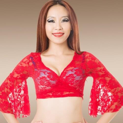 8 Colors Belly Dance Clothes Tops Women Sexy Lace Top Front Cross Crop Halter Deep V Neck Flare Sleeve Top