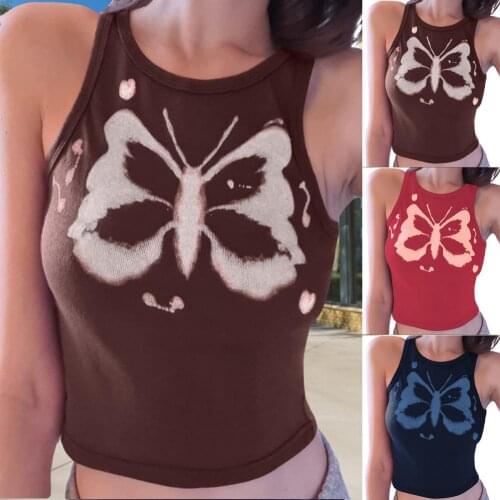 Y2K Women Crop Top Sleeveless Butterfly Print Tank Top Vest Fairy Butterfly Printed Sleeveless Graphic T Shirts Y2k Aesthetic