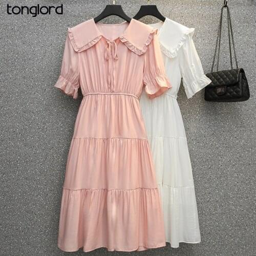 Summer Plus Size S-XXXXL Elastic Waist Midi Dress Women Doll Collar Bow Short Sleeve Dress Female Casual Ruffle Elegant Vestidos