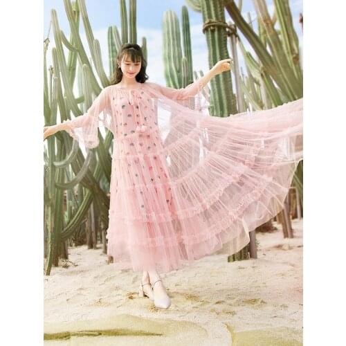 Free Shipping Boshow 2021 Mesh Two-Piece New Summer Long Mid-calf Flare Sleeve S-L Pink Ruffles Print Big Hem Dresses For Women