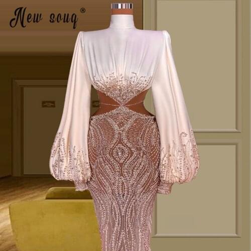 High Neck Lantern Sleeve Evening Dress Beaded Crystals Prom Womens Long Dress For Party Vestido De Novia Pageant 2021