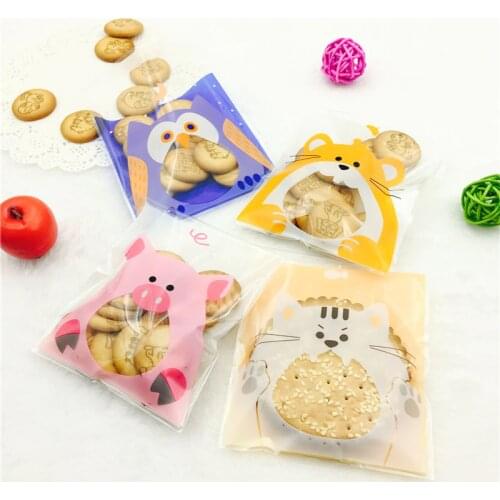 2 sizes 100pcs Plastic Cookie Bags Owl Cat Piggy Cookie Bag Animal Wedding Cake Candy Macaron Packaging Bag