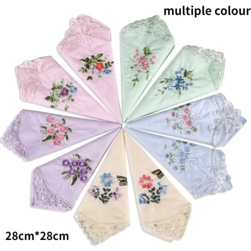 3PCS Luxury Cotton Women Hankies Embroidered Lace Flower Hanky Floral Random Color Cloth Ladies Handkerchief Fabrics