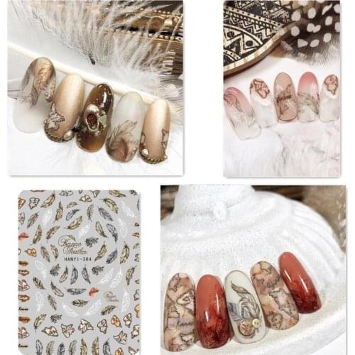 Newest Hanyi384 ranae feather design 3d nail sticker decals Japan type DIY decorations for nail tips