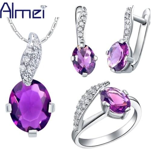 Almei 2017 African Beads Jewelry Sets Bridal Silver Color Fashion Blue Red Purple Crystal Ring Earring Necklace Wedding T222