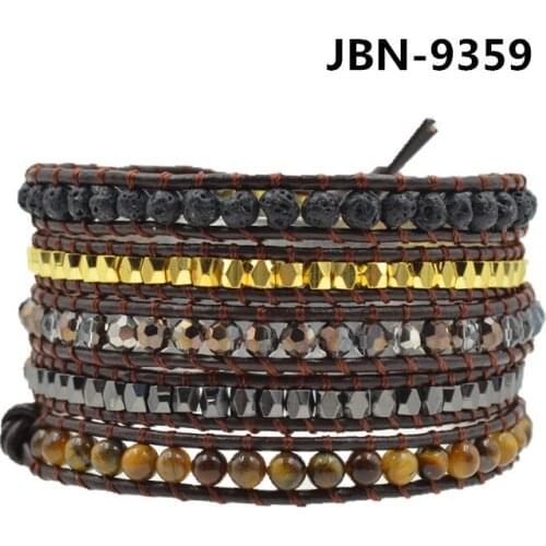 Asingeloo Boho Leather Wrap Tiger Eye Stone Hematite Charm Bracelet for Men Fashion Gift