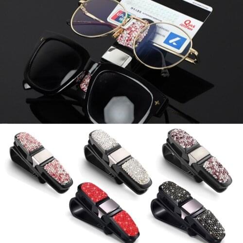 Auto Sun Visor Glasses Holder Rhinestone Bracket Sunglasses Clip Card Ticket Holder Pen Case Clip Box Universal Accessories