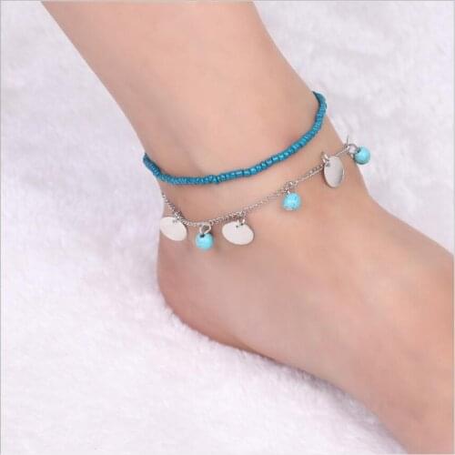 Bohemian Round Charm Beads Stone Anklets for Women Silver Color Chain Bracelet on Leg Beach Ankle Jewelry New Gifts S1889