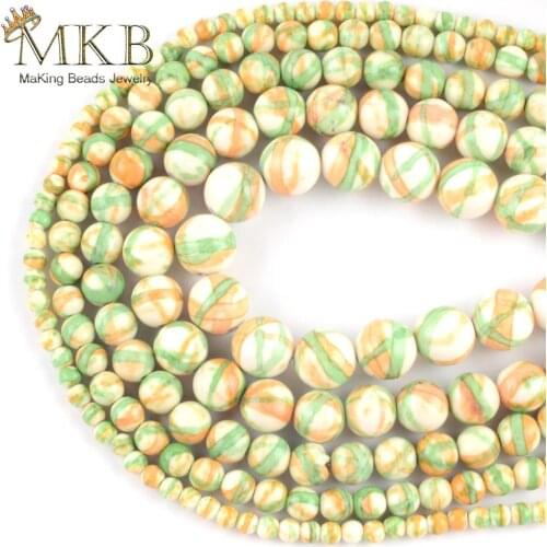 Wholesale Natural Green Orange Stripes Rain Stone Beads For Jewelry Making 4mm-10mm Round Space Beads DIY Bracelet Necklace 15"