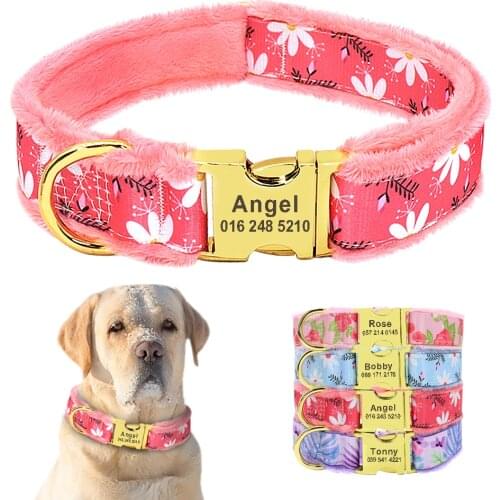 Flower Print Thick Dog Collars Personalized Dog Collar Nylon Golden Buckle Costomized Collar for Small Medium Large Pet Pitbull