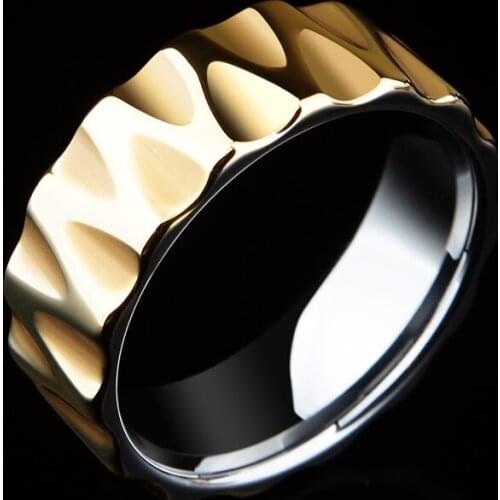 New Arrival 8mm Width Gold Plating Tungten Mens Rings for Party High Polished Wave Facet Cut Fashion Wedding Band Ring 7-11