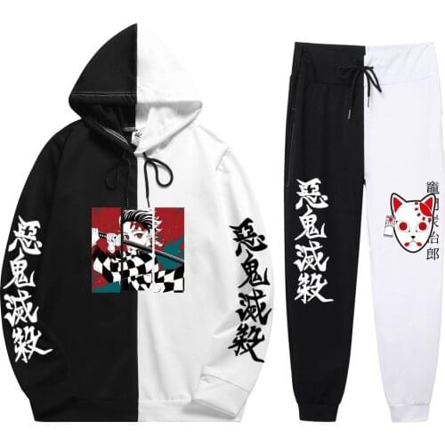 Summer Mens 2 Pieces Sets Anime Harajuku Demon Slayer Tanjiro Print Patchwork Thin Hoodie+PatchworkPants Sweatshirt