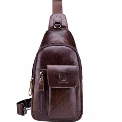 BULL CAPTAIN Men Leather Retro Cross Body Bags Riding Sling Chest Bag Shoulder Messenger Bag with External USB Charging Port