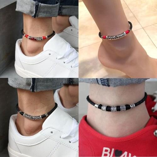 Men Adjustable Ankle Bracelet Rope Soft Leather Alloy Black Red Couple Prayer Bracelet Barefoot Sandal Beach Foot Chain Women