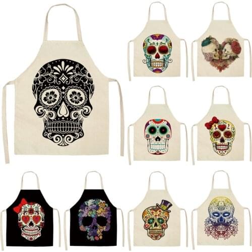 1Pcs Skull Pattern Kitchen Apron for Cooking Sleeveless Cotton Linen Aprons Adult Bibs Home Cleaning Accessories 53*65cm MC0026
