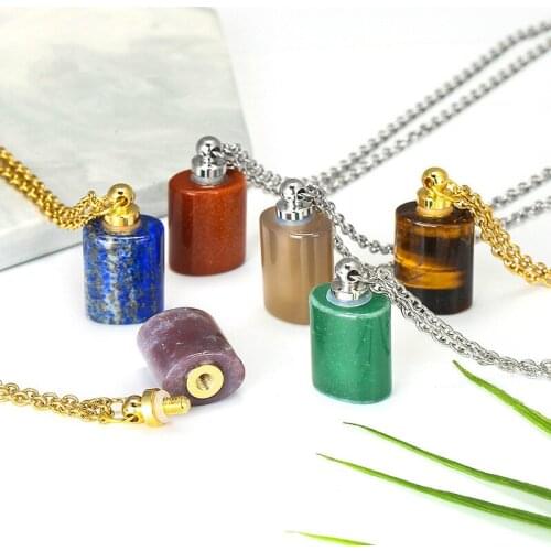 Natural Stone Agate Essential Oil Perfume Bottle Necklace Pendant Tiger Eye Stone Perfume Bottle Stainless Steel Necklace