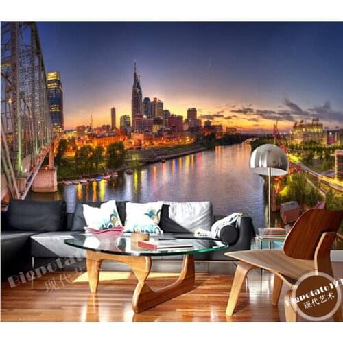 The latest 3D murals, beautiful city night view of the lake bridge tower, living room TV sofa bedroom background wall paper