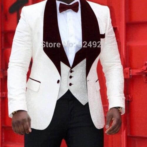 New Style Groomsmen Pattern Groom Tuxedos Shawl Wine Lapel Men Suits Wedding Best Man Blazer ( Jacket+Pants+Vest +Tie) C311