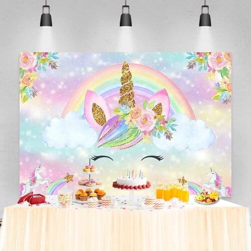 Rainbow Backdrops For Photo Unicorn Birthday Party Flowers Dreamy Polka Dots Gold Star Customzied Banner Child Photo Backgrounds