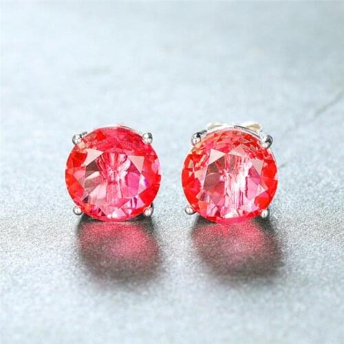 Elegant Pink Sapphire Round Stud Earring 925 Sterling Silver Gradient Yellow Gemstone Earrings For Women Wedding Jewelry 6/7/8MM