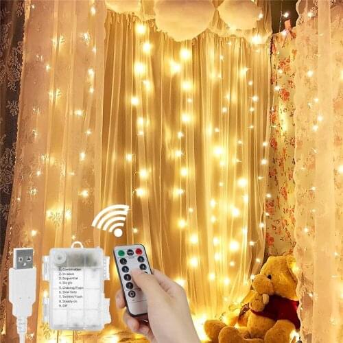 3x3M Copper Wire LED Curtain Window String Lights USB Plug-in & Battery Powered Twinkle Icicle Lights for Home Bedroom Wedding