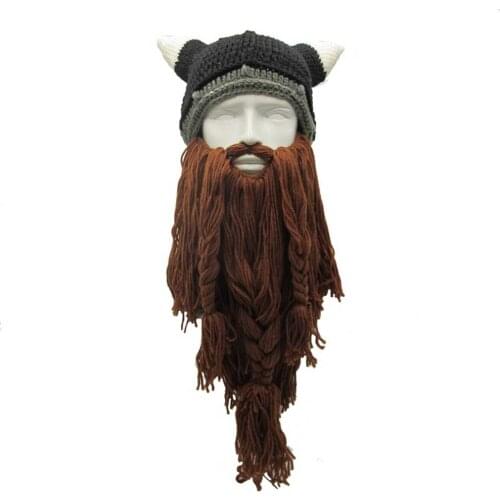 Funny Man Vikings Beanies Knit Hats Beard Ox Horn Handmade Knitted Mens Winter Hats Warm Caps Women Gift Party Mask Cosplay Cap