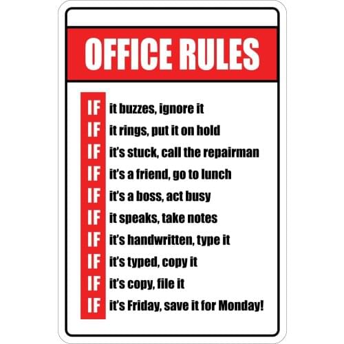 StickerPirate Office Rules 8" x 12" Funny Metal Novelty Sign Aluminum NS 4112