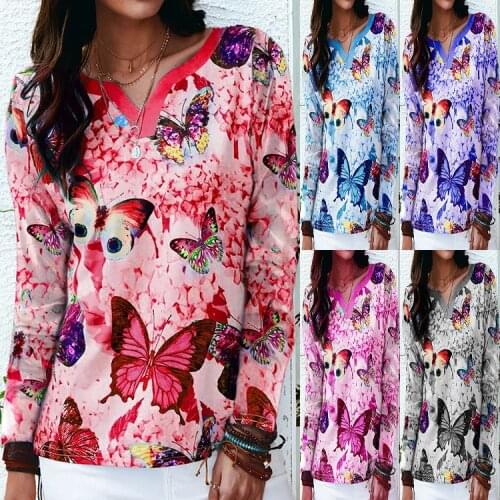 Autumn New Fashion V-neck Top Loose Positioning Butterfly Printing Long-sleeved T-shirt Casual Plus Size Pullover Woman T-shirt