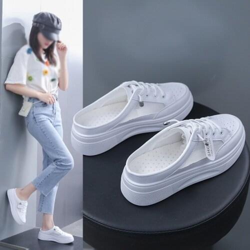 Womens Platform Sneakers, Fashionable Casual White Sports Lace-ups, Breathable Backless Half Shoes (Rubber Sole)